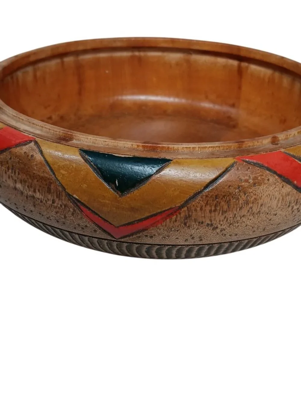 Primitive Ethnic Hand Carved Hand Painted Wooden Bowl Geometric Triangular 6.5